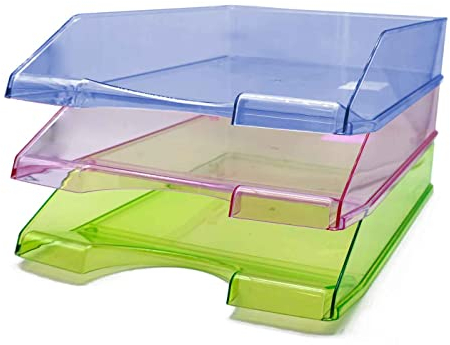 Tradineur - Pack de 3 bandejas de oficina translúcidas - Fabricado en plástico - Para oficinas, trabajo, estudio, habitación, hogar y documentación. - Color Surtido