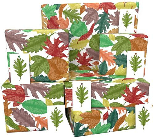 Luxury ECO Gift Wrap - 6 sheets/tags - Hand Drawn Leaves Brown - Birthday - Recycled & Recyclable Wrapping Paper - Re-wrapped