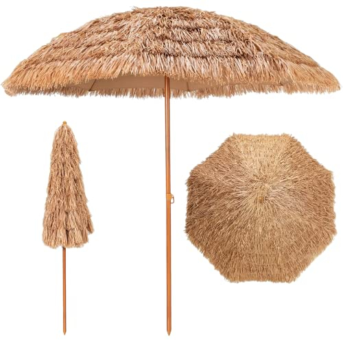 Pincho Sombrilla Paja Terraza Exterior 200cm, Sombrilla Hawai Jardin/Playa varillas de fibra de vidrio, tela poliester + PP, tubo de acero lacado en color madera