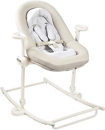 BÉABA, Babywippe, Babywippe Up&Down Plus, 4 Höhen, 3 Neigungen, Faltbar, Sitzverkleinerung für Neugeborene, Sitz aus 100% Baumwolle, hochwertige Verarbeitung, 5-Punkt-Gurt, patentiert, Graubeige