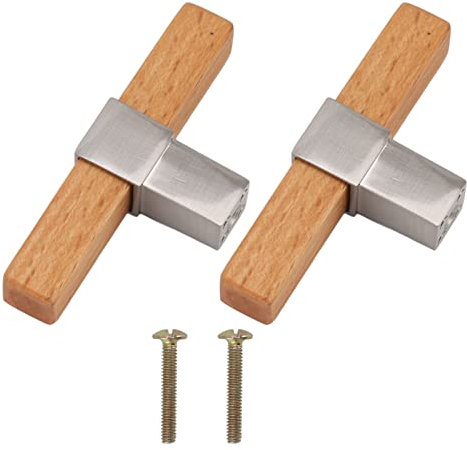 UPQRSG 2 Stück Schubladengriffe Aus Holz, Einloch Zugknöpfe, Quadratische Schrankknöpfe mit Schrauben, Holzschrank T Griffe für Küchenschubladen, Schränke, Schränke(Silber)