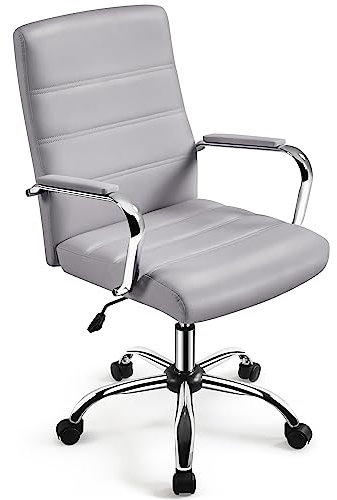 Yaheetech Fauteuil de Bureau Similicuir Chaise de Bureau Erconomique Hauteur Réglable Inclinable avec Dossier Rembourré Gris clair