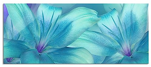 Glasbild Panorama | Wandbild aus Echtglas | türkise Lilien | 100x40 cm | inkl. Aufhängung und Abstandshalter