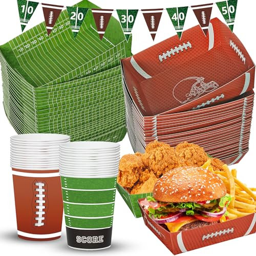 KaKan Football Party Decorations, 101PCS Superbowl Party Decorations 2025, 50PCS Football Paper Food Trays 5lb Large Boats, 50PCS Paper Cups for Football Party Birthday Decorations