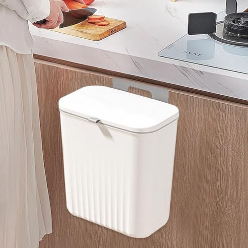 Mythosurge 9 Litre Hanging Trash Bin with Lid, Wall Mounted Garbage Can Kitchen Compost Bin, Plastic Rubbish Bin Wastebasket for Under Cupboard