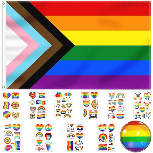 Mbsomnus Progress Pride Flag Set - 150x90cm Progress Pride Regenbogen Flag, 75 Stück Pride Sticker, Pride Pin - LGBT Flagge Regenbogen Pride Flagge für LGBTQ+ Party Parade Karneval Festival