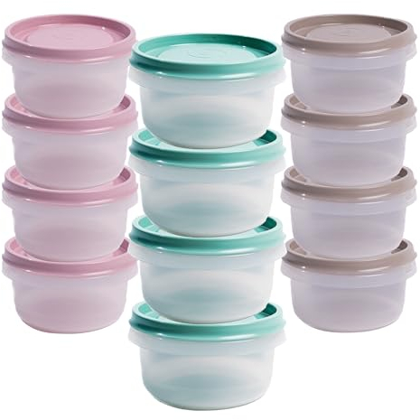 TUKA - Juego de 12 Herméticos Pequeños de 270 ml, tupper de Plástico Redondos, con Tapa de Silicona Resistente, Apto para Lavavajillas Microondas y Congelador (Rosa, Verde y Gris) (12 x 270 ml)