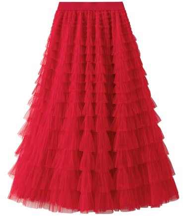 kinstell Jupes en tulle pour femme - Jupe tutu longue - Jupe trapèze en maille - Taille élastique, b-rouge, Taille unique