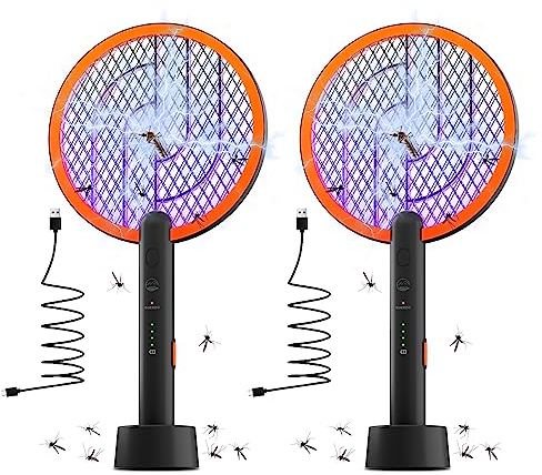 Mosiller Elektrische Fliegenklatsche, 2 in 1 4000V Insektenvernichter & Elektrische Fliegenklatsche mit Ladestation, Tragbarer Mückenklatsche und UV Lampe mit Sicherem Netz für Drinnen-Schwarz(2 Pack)