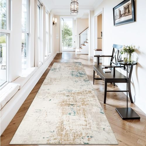 Homcomodar Läufer Teppich für Flur 80x200cm rutschfeste Moderne Abstrakter Teppiche Läufer Waschbare Küche Teppich Läufer Faux Wolle Boden Teppich Schlafzimmer Teppiche Runner(Beige)