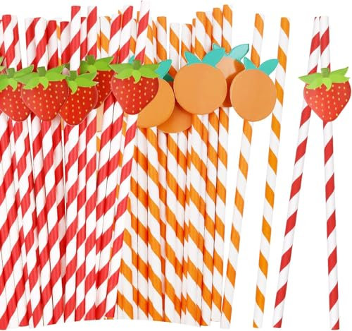 Lot de 80 pailles jetables en papier à rayures oranges, fraises et fruits pour fête d'anniversaire, feuilles d'automne, mariage, fête prénatale, 0,6 x 20 cm