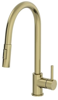 Lussena® Carena Kitchen Sink Mixer Tap Pull Out Dual Spray Head 180 Degree Swivel Spout Brass Body Single Lever for Sinks Modern Round, Brushed Brass
