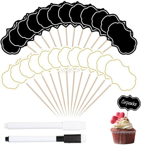 Sxutop 100 Stück Buffet Schilder zum Beschriften Kuchen Fähnchen zum Beschriften Essen Buffet Schilder Kreide Käse Marker Buffet Etiketten für Party, Preisschilder, Kuchen Lebensmittel (Schwarz, Weiß)