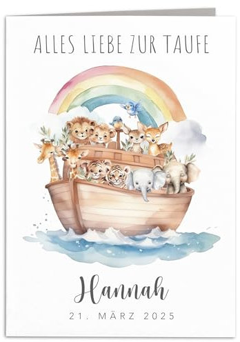 Taufkarte Mädchen Junge personalisiert Taufgeschenk Arche Noah Karte Taufe Geschenk Klappkarte mit Umschlag 10,5 x 14,8 cm
