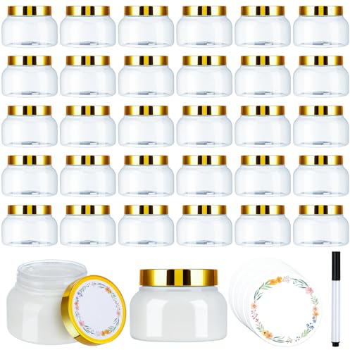 Hoemwarm Lot de 32 pots en plastique Toscane avec couvercles dorés, transparents et rechargeables avec étiquettes pour crèmes, lotions, gommages, bonbons, sel de bain - 236,8 g