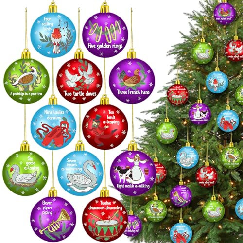 Syhood 12 Pcs 12 Days of Christmas Ornament Set 2.36 Inch Vintage Christmas Ornaments Twelve Days of Christmas Ornaments Plastic Balls Set Hanging Ornaments for Xmas Tree Party Holiday Supplies