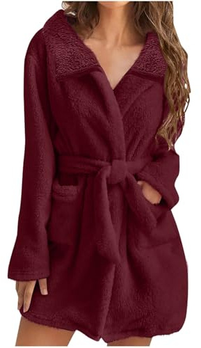 Mrat Vestaglia da donna con cappuccio in pile felpato corto accappatoio in pile orsacchiotto leggero indumenti da notte morbido accappatoio in flanella con cintura pigiama taglie forti comodo