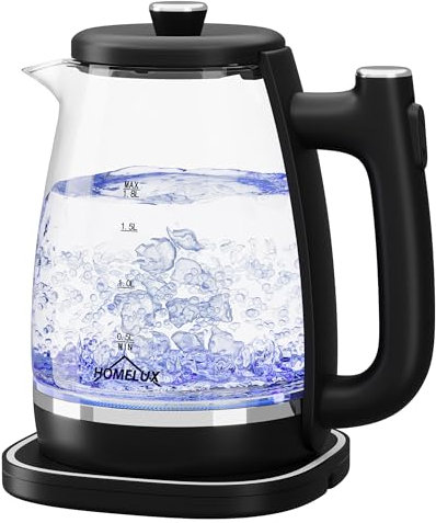 Bouilloire électrique en verre - 1,8 l - Avec LED bleue et filtre - 1800 W - Sans BPA - Filtre - Verre borosilicate - Socle rotatif à 360° - Noir