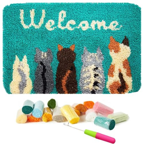 Kaxtde Latch Hook Rug Kits for Adults, DIY Crochet Hook Cats for Kids, Rugs Craft Making Kit with Color Pre-Printed Canvas for Beginner Craft Home Bathroom Decor, 60 x 40 cm, Green