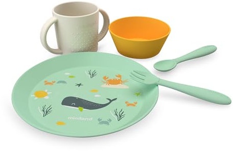 Miniland - Vajilla para Bebé de Aprendizaje | Plato, Vaso Antiderrame y Cubiertos Adaptados para Bebé | Vajilla Infantil Libre de BPA (Set Ocean)