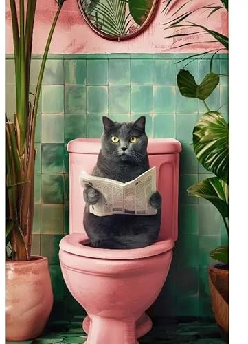 Baibexing Lustiges Tier, Das Auf Der Toilette Liest, Posterdrucke, Katze, Die Haustier Auf Leinwand Poopt, Rosa Wandkunst, Bild, Badezimmer, Wohnzimmer, Wohnkultur A13 50X70Cm Kein Rahmen