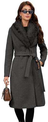 PAPILLON D'OR Langer Wollmantel für Damen, zweireihiger Trenchcoat mit Gürtel, abnehmbarer Kunstfellkragen