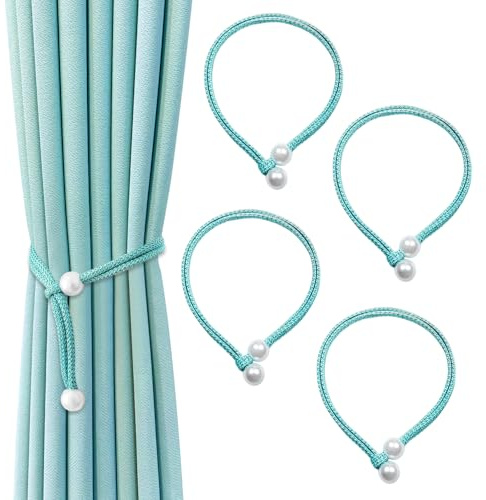 SUBTAVIK 4 Stück Vorhanghalter, Perlen Vorhangseil Schnalle, Elegante Geflochtene Vorhanghalter, Verstellbare Vorhangbefestigungen für Zuhause, Büro, Wohnzimmer, Schlafzimmer (Blau)