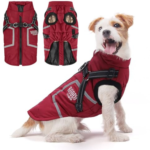 Abrigo Perro para Pequeño Invierno,Abrigo Perro Pequeño Viento Impermeable con Arnés,Reflectante para Pequeños y Medianos (Rojo,S)