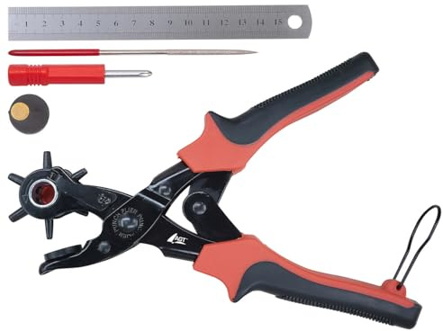 AGT Ösenzange: Lochzangen-Set für Leder, inkl. Schraubenzieher, Lineal und Feile (Gürtellochzange, Revolverlochzange, Papier)