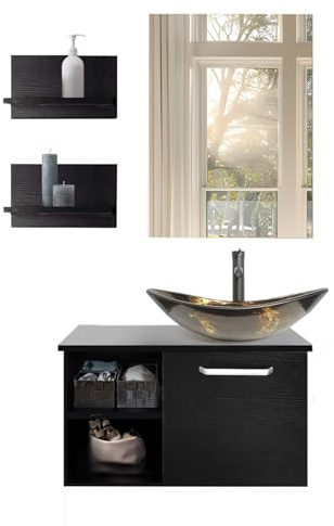 YU YUSING Badmöbel Set mit Waschtisch 71cm Unterschrank Waschbecken Spiegel | Badezimmermöbel mit Waschtisch, Badezimmerschrank 71x47x40cm, Spiegelschrank, 2 Wandregale, Wasserhahn Set (Golden Oval)