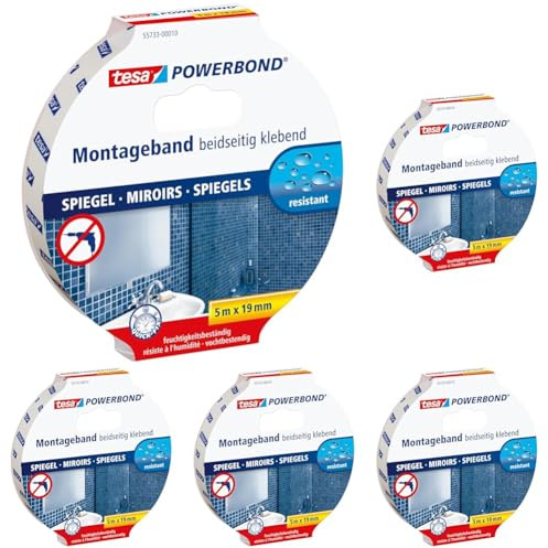 Tesa Powerbond Specchi - Nastro Biadesivo per Specchi - Nastro Adesivo Resistente All'Umidità, Adatto per Docce e Bagni - 5 m x 19 mm (Confezione da 5)