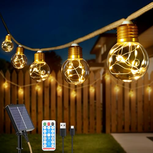 Ollny Lichterkette Außen Solar 12 m 24 LED Glühbirnen 8 Lichtmodi Warmweiß | Outdoor solar lichterkette wasserdicht, mit Timer, dimmbar, Memory und USB für Garten, Balkon und Terrasse