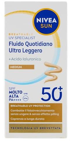 NIVEA SUN Fluido Quotidiano Ultra Leggero SPF 50+ Medium 40 ml, Crema solare viso idratante con Acido Ialuronico, Crema colorata viso per una coprenza duratura, Protezione solare ultra leggera