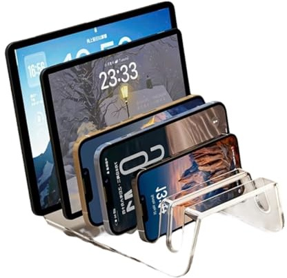 8 Slot Charging Station Organizer Stand for Multiple Devices, Phones and Tablets Dock Holder, Clear Acrylic Design, 24cm Length