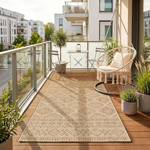 HomebyHome Outdoor Teppich Beige Jute Optik 60x100 cm Balkon Terrasse Garten Wetterfest UV-beständig Klein Rauten Design Flachgewebe Pflegeleicht Robust Modern