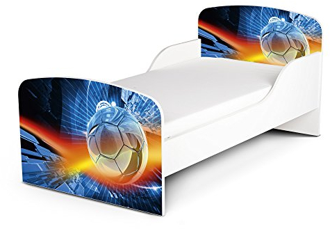 Leomark Funktionsbett aus Holz - Fußball - Kinderbett mit Matratze, Holzbett mit Seitenschutz Lattenrost, Komplett Set für Kinderzimmer, Liegefläche 70/140 cm, UV-Druck