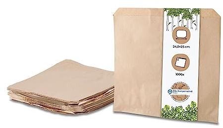 BIOZOYG braune Papierflachbeutel I Snack Taschen Papier 24,5 x 24,5 cm I Recyclingpapier 100% biologisch abbaubar I Snacktüten ungebleicht I Flachbeutel Snacktaschen 1000 Stück