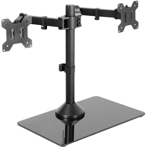 VIVO STAND-V002FG - Supporto per doppio monitor autoportante con elegante base in vetro e bracci regolabili, per 2 schermi fino a 32 e 10 kg ciascuno, colore: nero