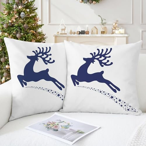 CaliTime Kissenbezüge Kissenhülle 2 Stück Kissenbezüge aus weichem Segeltuch für Couch Sofa Weihnachten Urlaub Rentier mit Sternendruck 50cm x 50cm Marineblau