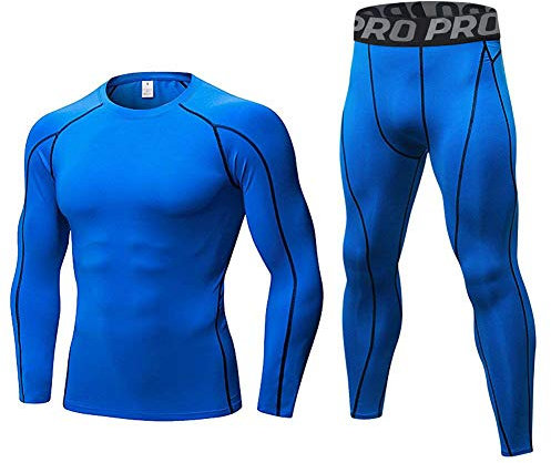 LANBAOSI Men's Gym Running Base Layer Top and Leggings Set Long Sleeve Compression Shirt Tights Thermal Underwear Suit, Blue, L