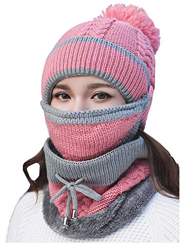 Kaxich Damen Wintermütze und Schal Set mit Maske, 3 in 1 Strickmütze Winter Warme Beanie Mütze mit Bommel und Gestrickt Schal, Geschenk für Weihnachten