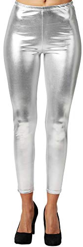 dressforfun 901008 Damen Metallic Leggings, glänzende Hose mit hoher Taille, Shiny Leggings im Wet Look für Party Tanz Disco Kostüm Fasching Karneval - Diverse Größen - (XXL | Silber | Nr. 303601)