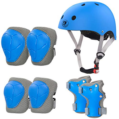 LANOVAGEAR Casco Infantil Set de Protección Casco 2-8 años Ajustable Rodilleras, Coderas y Muñequeras para Patinar Ciclismo Monopatín y Deportes Extremos (Azul, S)