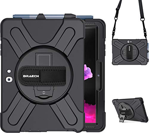 BRAECN Case for Microsoft Surface Go 4/3/2/1 10.5 Inch, Heavy Duty Shockproof with 360° Rotating Hand Strap & Kickstand/Shoulder Strap/Pencil Holder - Black