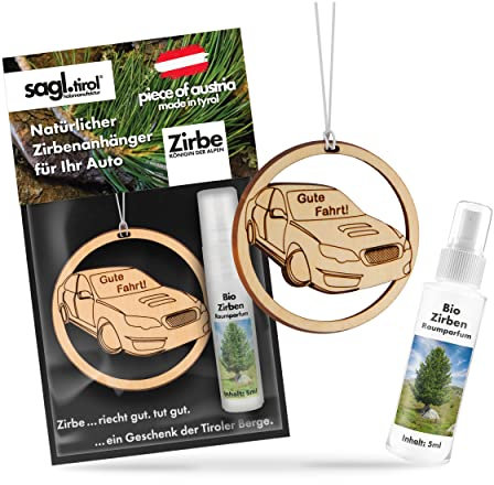sagl.tirol Auto Duft aus Zirben Holz [100% Bio] inkl. Zirben Raum Parfüm 5ml I verschiedene Motive I natürlicher Auto Duftbaum I Auto Duft Innenraum I Auto Lufterfrischer I Autoduft I Gute Fahrt