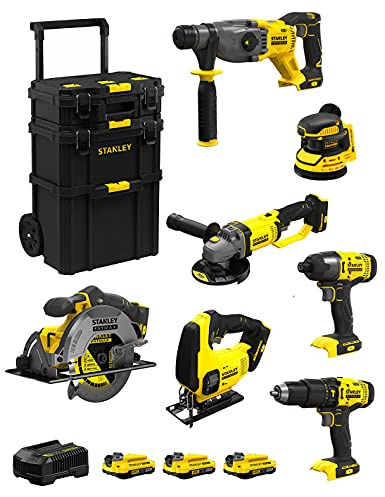 STANLEY FatMax Kit SVK706 (SFMCH900 + SFMCG400 + SFMCD711 + SFMCF800 + SFMCS500 + SFMCS600 + SFMCW220 + 3 Batterien 2,0 Ah + Ladegerät + Caddy 3in1)