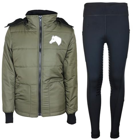 MS-Trachten Kinder Reitset Reitjacke Mia Oliv Grün gesteppt Fleecefutter mit Silikon-Vollbesatz Reitleggings Schwarz