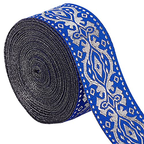 GORGECRAFT Ethnisches Jacquard-Band 33 mm Breit Doppelseitig Blau Blumenstickerei Polyester Gewebt Silberborte Fransenband Für Heimwerker Nähen Basteln Kleidung Vorhänge Dekoration Zubehör