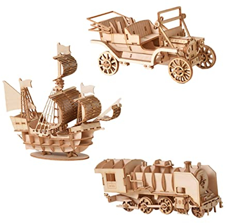 3 Satz Mechanische Puzzles Für Erwachsene Eisenbahnpuzzle Aus Zusammenbau Holzpuzzle Diy Bastelset 3d Holzauto 3d-zug-puzzle Modelleisenbahn Hölzern Holzboot Rätsel Kind