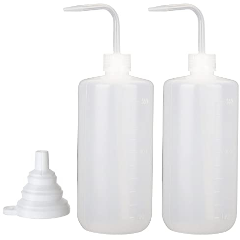 Hyber&Cara 2 Pcs Safety Wash Bottle 500ml Plastic Squeeze Bottle for Lab, Plant Watering, Tattoo Wash, Bonus A Silicone Funnel